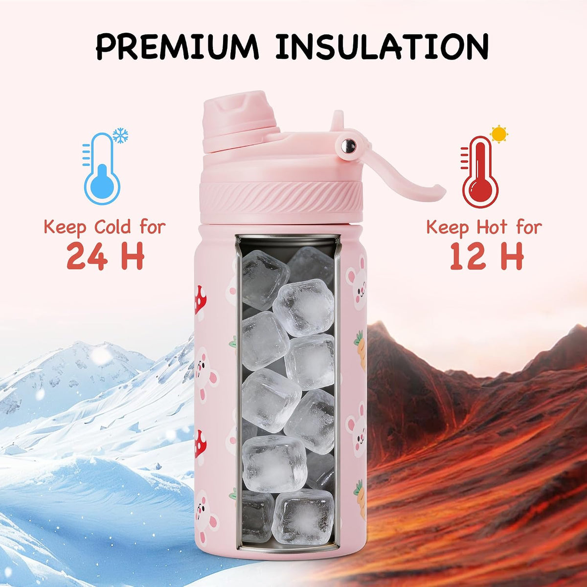 18 oz Insulated Water Bottle, 2-in-1 Straw and Spout Lid Stainless Steel Thermos, Leak-Proof, Double Wall Vacuum Flask, Keep Cold 24H for Outdoor, Sports, Travel, School (Black)