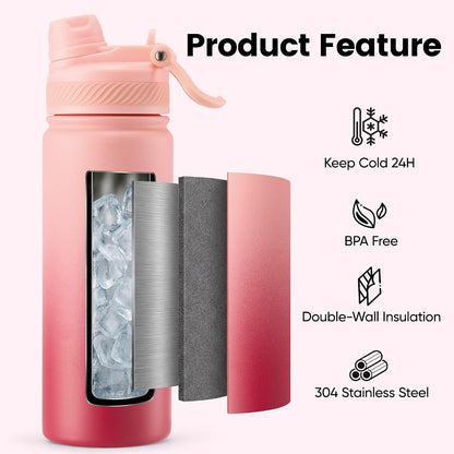 18 oz Insulated Water Bottle, 2-in-1 Straw and Spout Lid Stainless Steel Thermos, Leak-Proof, Double Wall Vacuum Flask, Keep Cold 24H for Outdoor, Sports, Travel, School (Black)