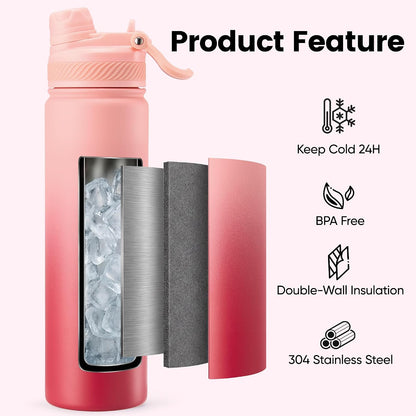 18 oz Insulated Water Bottle, 2-in-1 Straw and Spout Lid Stainless Steel Thermos, Leak-Proof, Double Wall Vacuum Flask, Keep Cold 24H for Outdoor, Sports, Travel, School (Black)