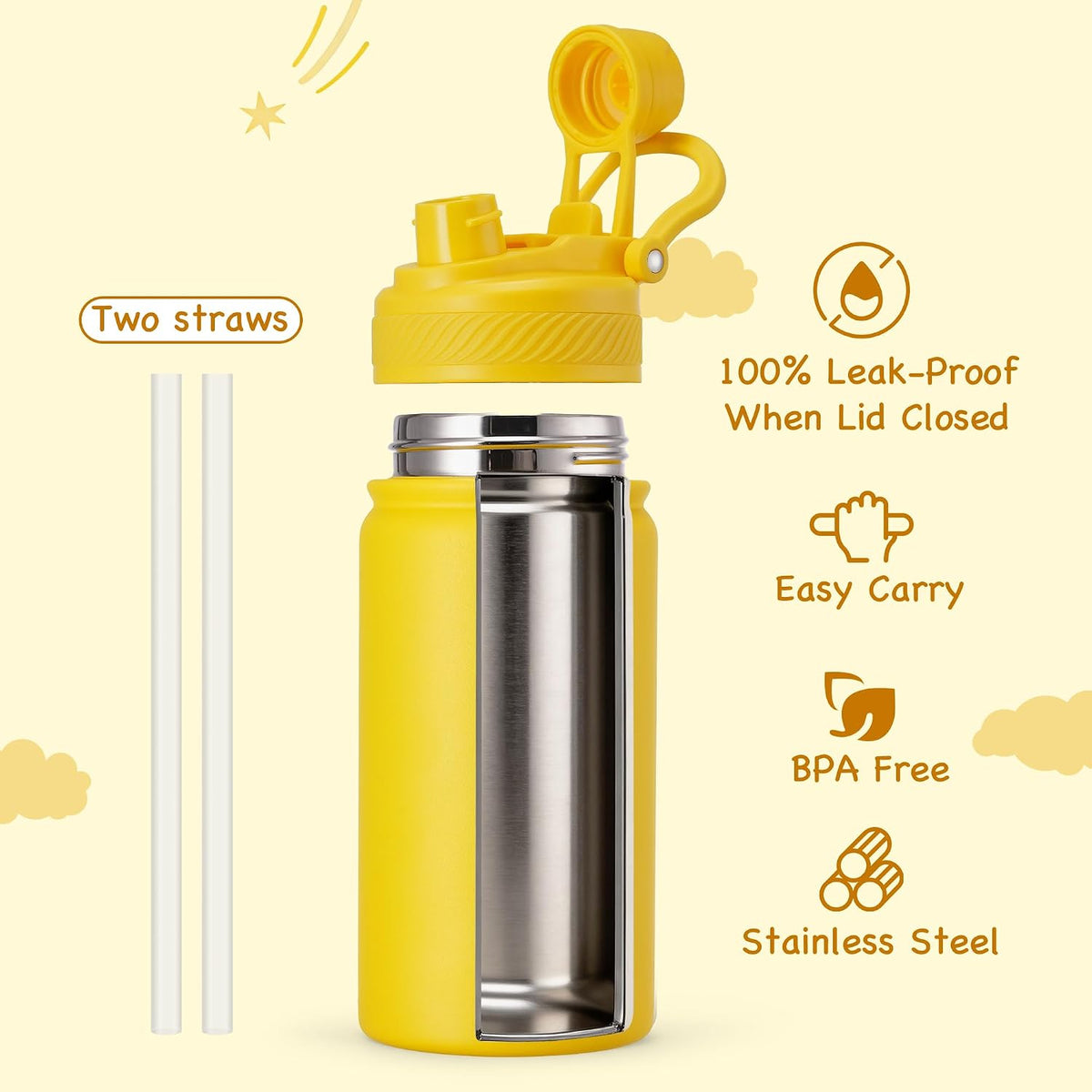 18 oz Insulated Water Bottle, 2-in-1 Straw and Spout Lid Stainless Steel Thermos, Leak-Proof, Double Wall Vacuum Flask, Keep Cold 24H for Outdoor, Sports, Travel, School (Black)