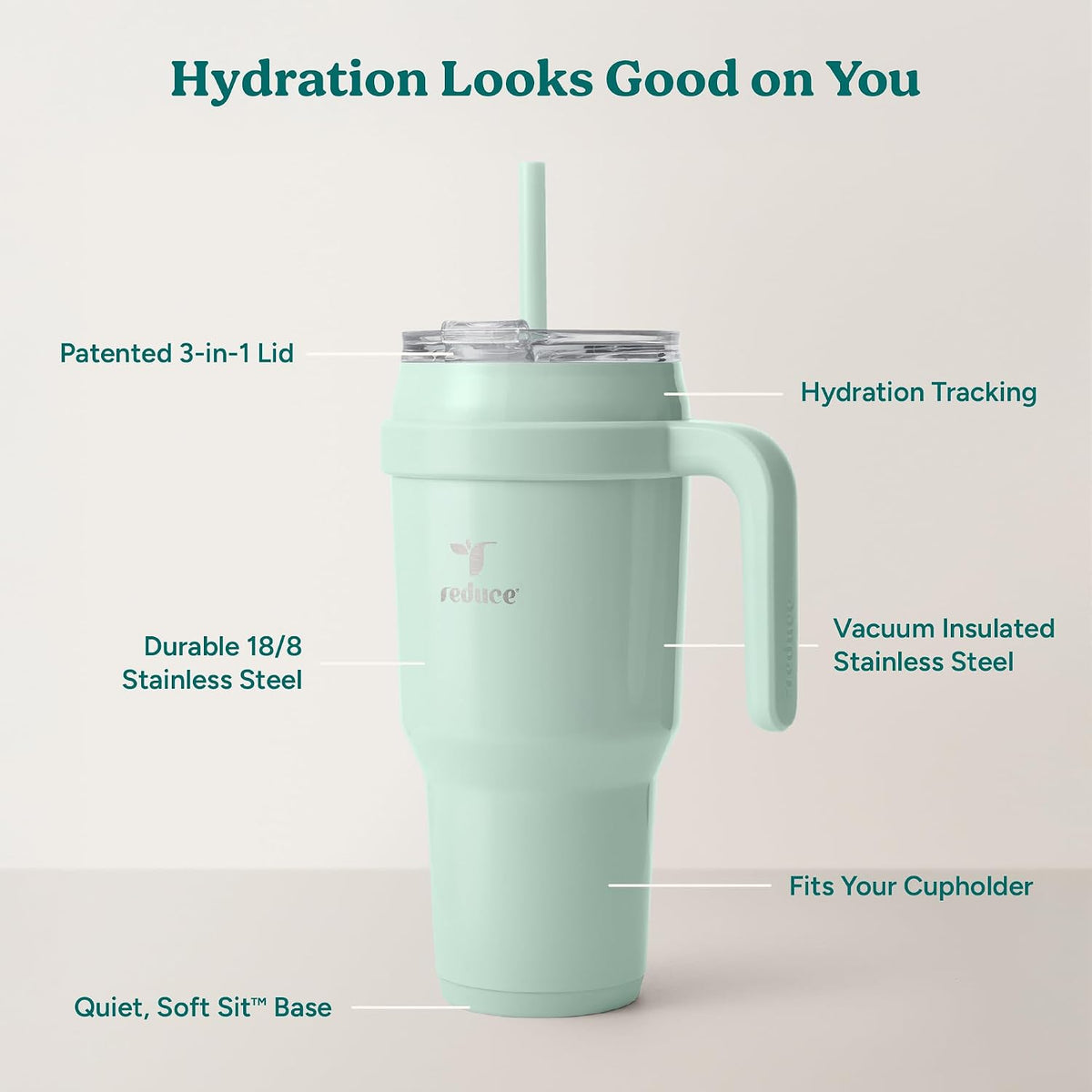 Cold1 40 oz Tumbler with Handle - Vacuum Insulated Stainless Steel Water Bottle for Home, Office or Car, Reusable Mug with Straw or Leakproof Flip Lid, Keeps Drinks Cold All Day-Gloss Sea Glass