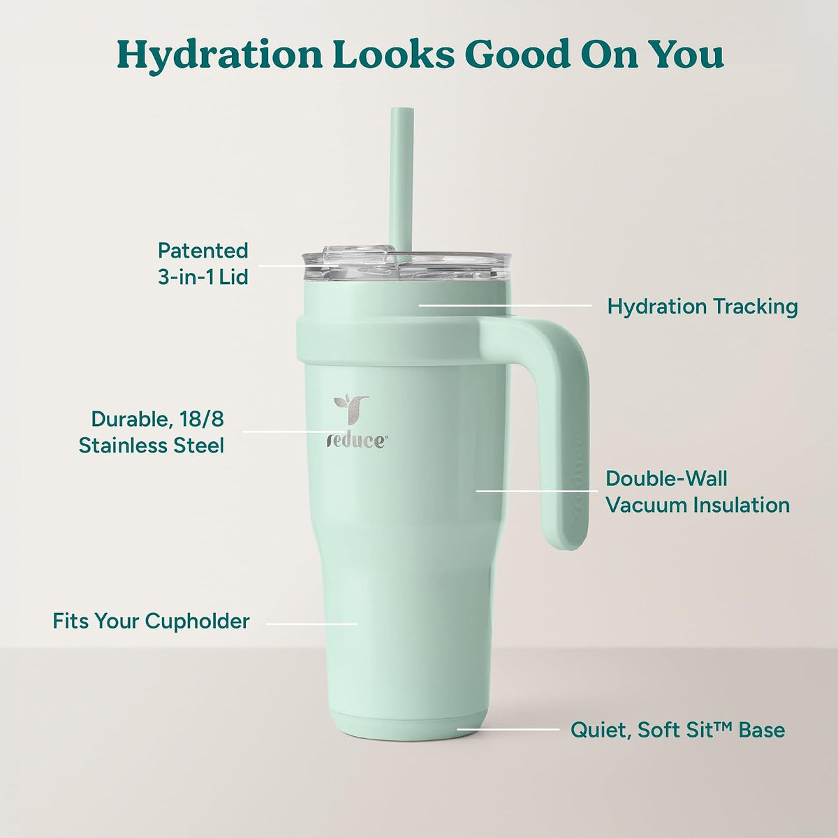 Cold1 40 oz Tumbler with Handle - Vacuum Insulated Stainless Steel Water Bottle for Home, Office or Car, Reusable Mug with Straw or Leakproof Flip Lid, Keeps Drinks Cold All Day-Gloss Sea Glass