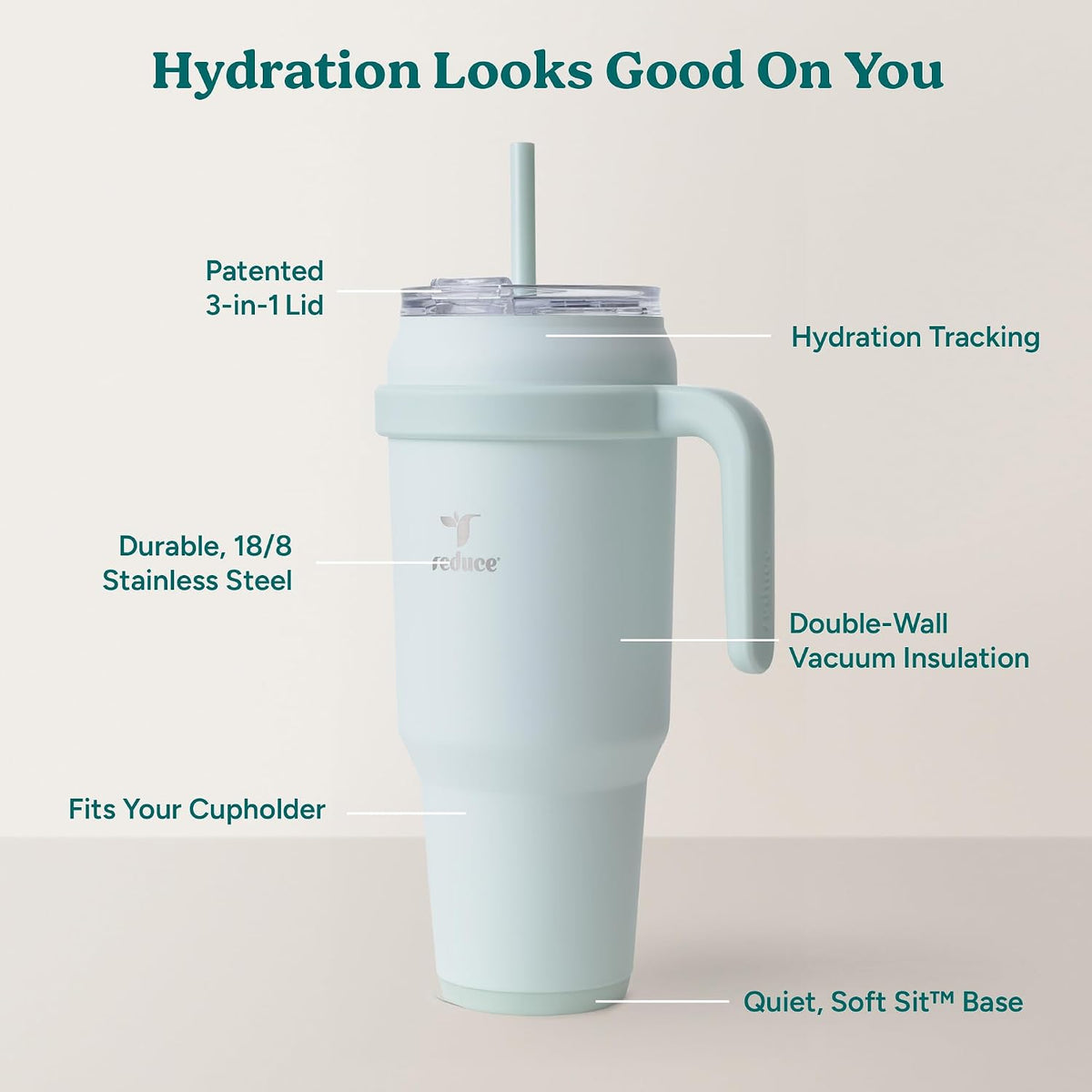 Cold1 40 oz Tumbler with Handle - Vacuum Insulated Stainless Steel Water Bottle for Home, Office or Car, Reusable Mug with Straw or Leakproof Flip Lid, Keeps Drinks Cold All Day-Gloss Sea Glass