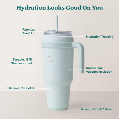 Cold1 40 oz Tumbler with Handle - Vacuum Insulated Stainless Steel Water Bottle for Home, Office or Car, Reusable Mug with Straw or Leakproof Flip Lid, Keeps Drinks Cold All Day-Gloss Sea Glass