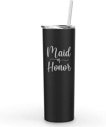 20 oz Skinny Tall Tumbler Stainless Steel Vacuum Insulated Travel Mug Cup With Straw Maid Of Honor (Black)