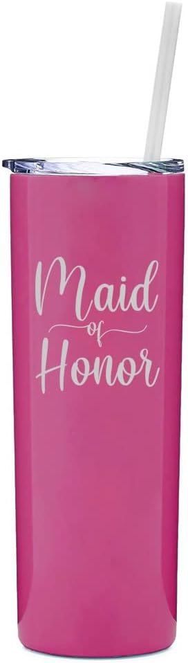 20 oz Skinny Tall Tumbler Stainless Steel Vacuum Insulated Travel Mug Cup With Straw Maid Of Honor (Black)