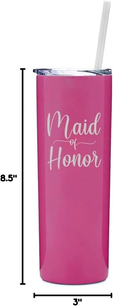 20 oz Skinny Tall Tumbler Stainless Steel Vacuum Insulated Travel Mug Cup With Straw Maid Of Honor (Black)