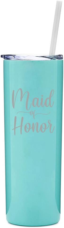 20 oz Skinny Tall Tumbler Stainless Steel Vacuum Insulated Travel Mug Cup With Straw Maid Of Honor (Black)