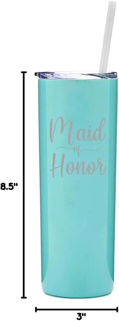 20 oz Skinny Tall Tumbler Stainless Steel Vacuum Insulated Travel Mug Cup With Straw Maid Of Honor (Black)