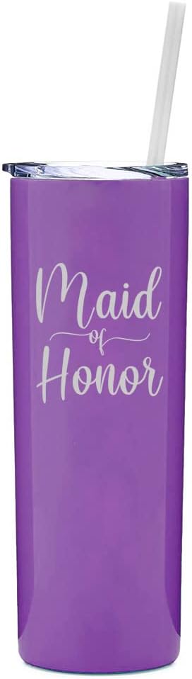 20 oz Skinny Tall Tumbler Stainless Steel Vacuum Insulated Travel Mug Cup With Straw Maid Of Honor (Black)