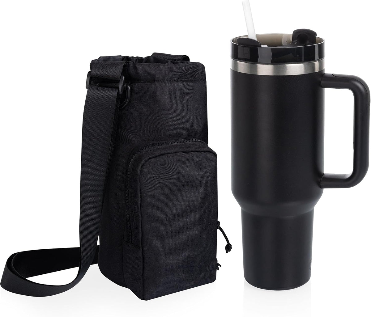 PICNIC TIME Eclipse Tumbler Tote with 40oz Stainless Travel Mug, Eco-Friendly Water Bottle Sling Bag, Crossbody Cup Holder with Phone Pocket & Strap, Recycled Fabric Drink Carrier & Tote (Black)
