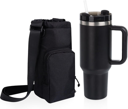 PICNIC TIME Eclipse Tumbler Tote with 40oz Stainless Travel Mug, Eco-Friendly Water Bottle Sling Bag, Crossbody Cup Holder with Phone Pocket & Strap, Recycled Fabric Drink Carrier & Tote (Black)