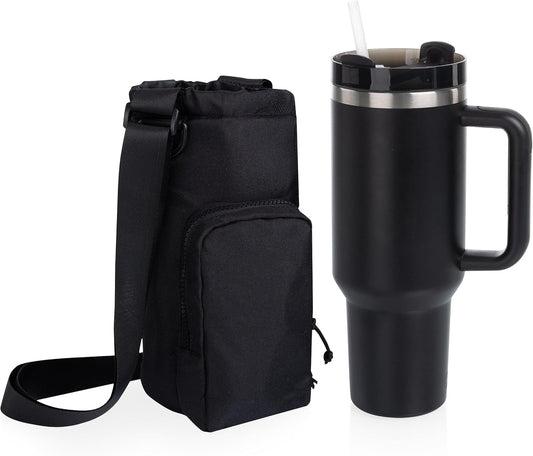 PICNIC TIME Eclipse Tumbler Tote with 40oz Stainless Travel Mug, Eco-Friendly Water Bottle Sling Bag, Crossbody Cup Holder with Phone Pocket & Strap, Recycled Fabric Drink Carrier & Tote (Black)