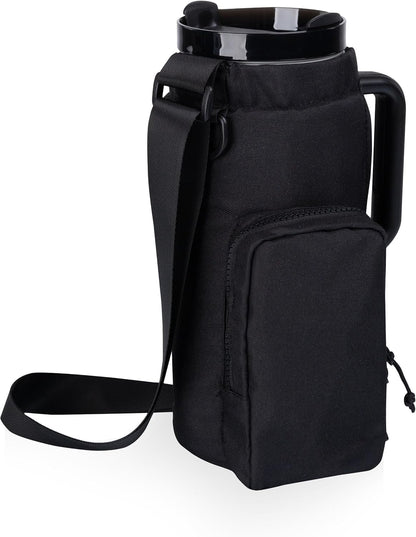 PICNIC TIME Eclipse Tumbler Tote with 40oz Stainless Travel Mug, Eco-Friendly Water Bottle Sling Bag, Crossbody Cup Holder with Phone Pocket & Strap, Recycled Fabric Drink Carrier & Tote (Black)