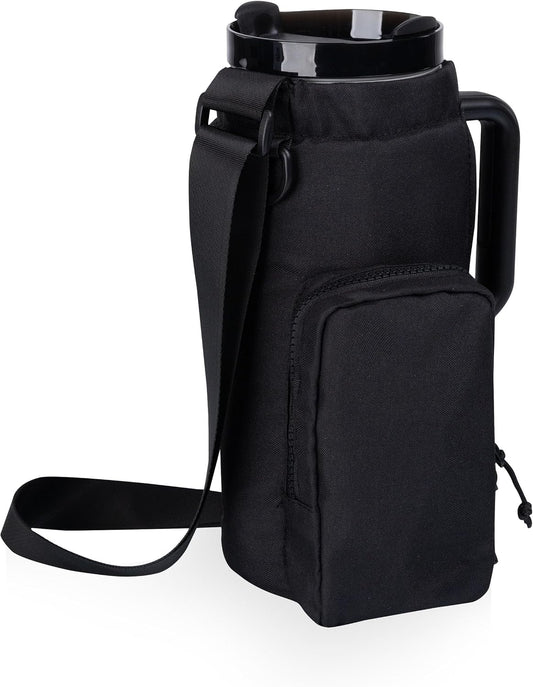PICNIC TIME Eclipse Tumbler Tote with 40oz Stainless Travel Mug, Eco-Friendly Water Bottle Sling Bag, Crossbody Cup Holder with Phone Pocket & Strap, Recycled Fabric Drink Carrier & Tote (Black)