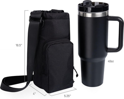 PICNIC TIME Eclipse Tumbler Tote with 40oz Stainless Travel Mug, Eco-Friendly Water Bottle Sling Bag, Crossbody Cup Holder with Phone Pocket & Strap, Recycled Fabric Drink Carrier & Tote (Black)
