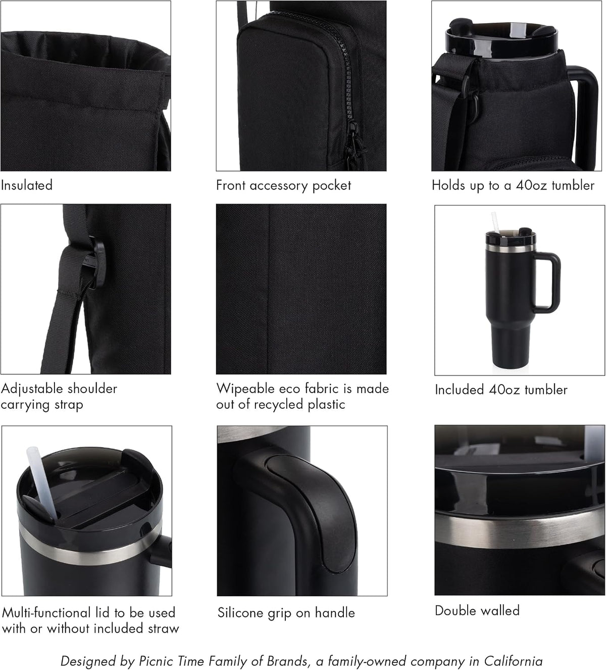 PICNIC TIME Eclipse Tumbler Tote with 40oz Stainless Travel Mug, Eco-Friendly Water Bottle Sling Bag, Crossbody Cup Holder with Phone Pocket & Strap, Recycled Fabric Drink Carrier & Tote (Black)