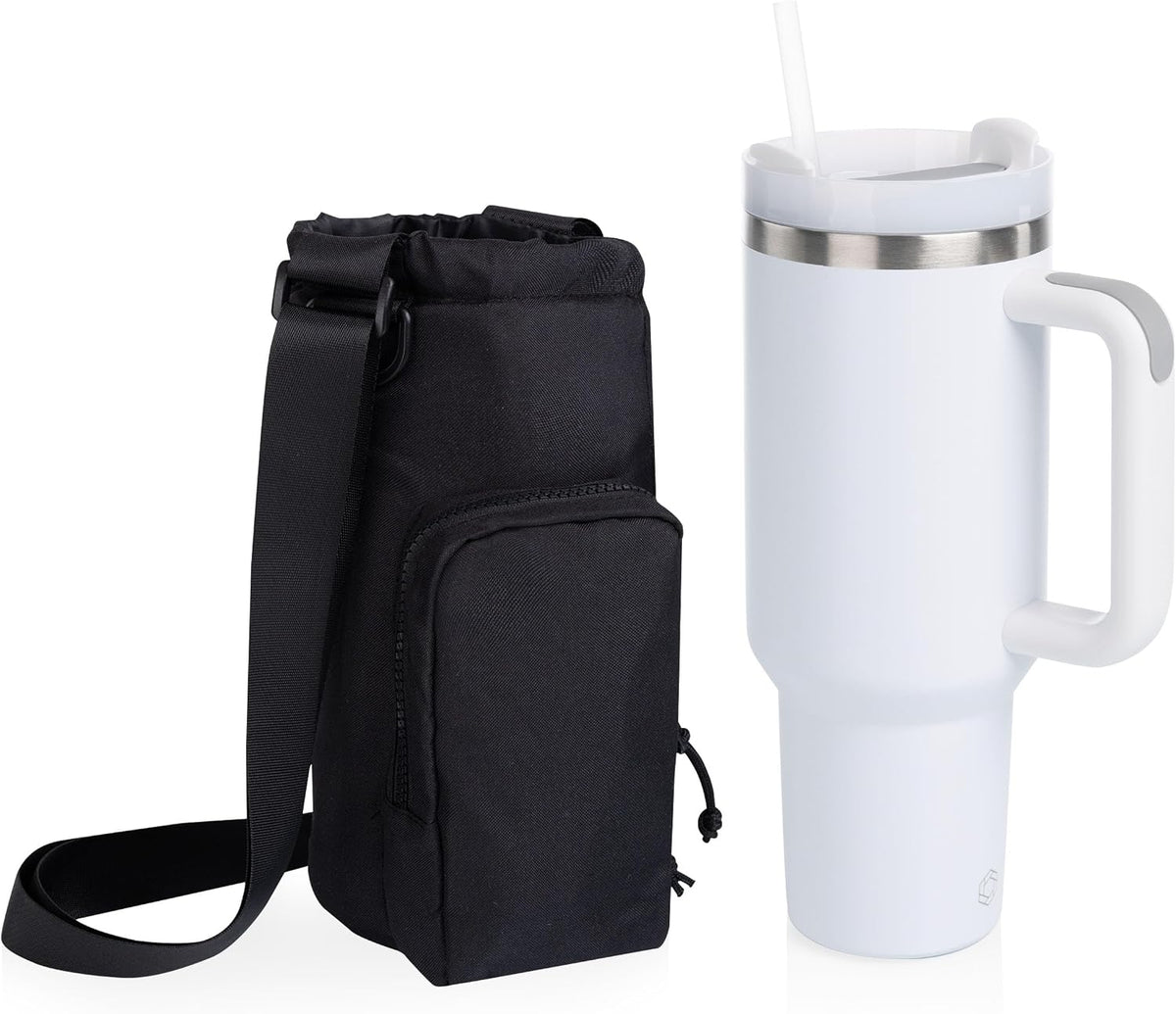 PICNIC TIME Eclipse Tumbler Tote with 40oz Stainless Travel Mug, Eco-Friendly Water Bottle Sling Bag, Crossbody Cup Holder with Phone Pocket & Strap, Recycled Fabric Drink Carrier & Tote (Black)