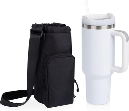 PICNIC TIME Eclipse Tumbler Tote with 40oz Stainless Travel Mug, Eco-Friendly Water Bottle Sling Bag, Crossbody Cup Holder with Phone Pocket & Strap, Recycled Fabric Drink Carrier & Tote (Black)