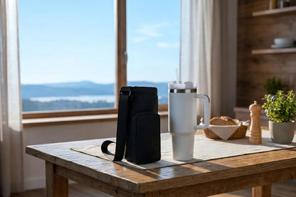 PICNIC TIME Eclipse Tumbler Tote with 40oz Stainless Travel Mug, Eco-Friendly Water Bottle Sling Bag, Crossbody Cup Holder with Phone Pocket & Strap, Recycled Fabric Drink Carrier & Tote (Black)