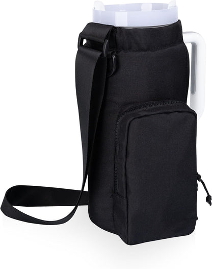 PICNIC TIME Eclipse Tumbler Tote with 40oz Stainless Travel Mug, Eco-Friendly Water Bottle Sling Bag, Crossbody Cup Holder with Phone Pocket & Strap, Recycled Fabric Drink Carrier & Tote (Black)