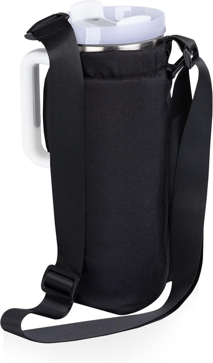 PICNIC TIME Eclipse Tumbler Tote with 40oz Stainless Travel Mug, Eco-Friendly Water Bottle Sling Bag, Crossbody Cup Holder with Phone Pocket & Strap, Recycled Fabric Drink Carrier & Tote (Black)