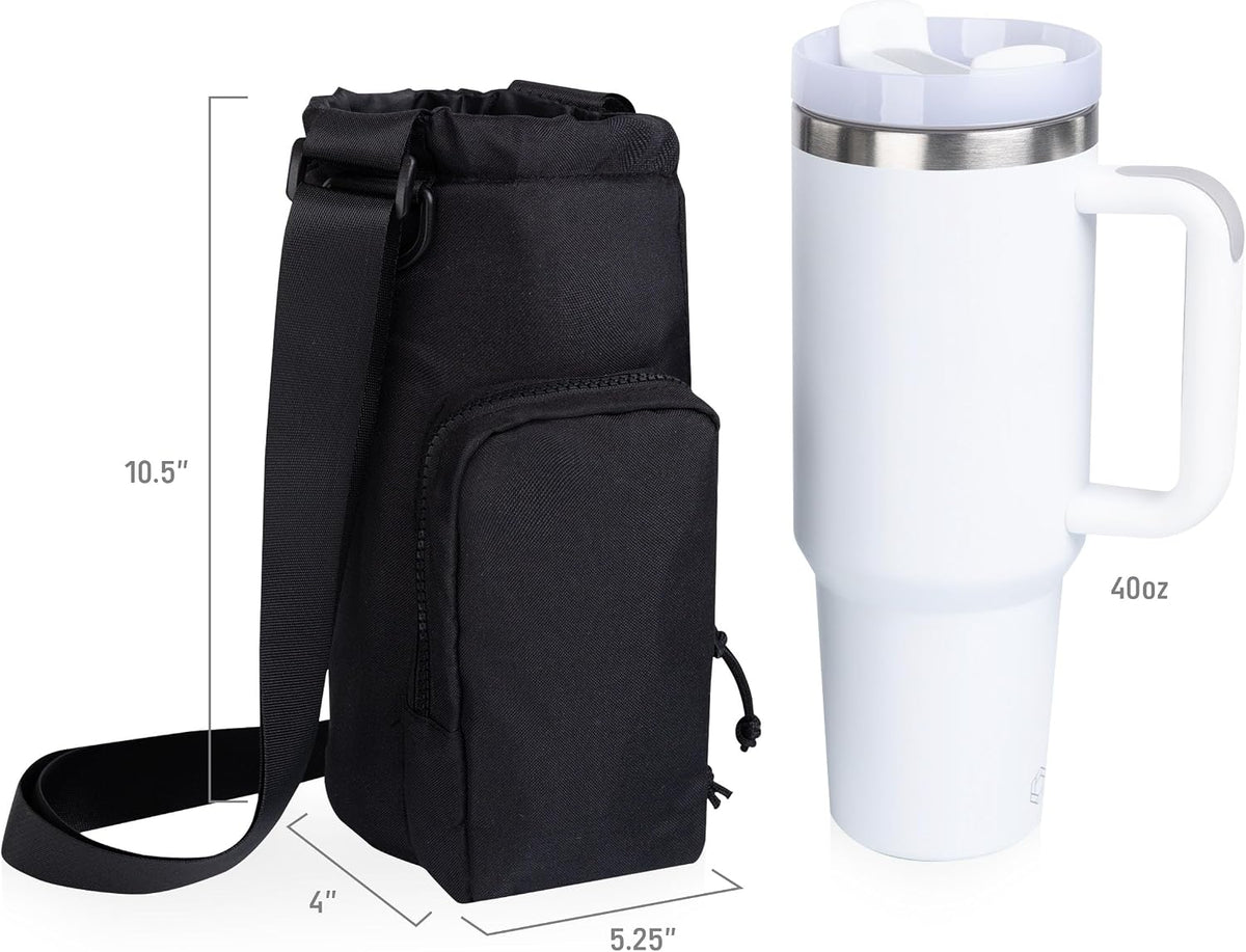 PICNIC TIME Eclipse Tumbler Tote with 40oz Stainless Travel Mug, Eco-Friendly Water Bottle Sling Bag, Crossbody Cup Holder with Phone Pocket & Strap, Recycled Fabric Drink Carrier & Tote (Black)