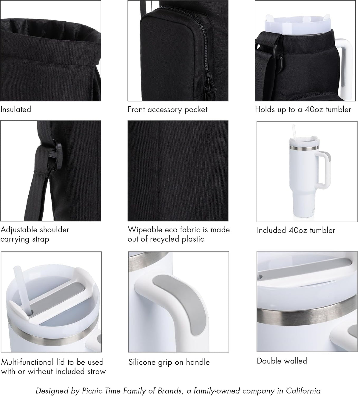 PICNIC TIME Eclipse Tumbler Tote with 40oz Stainless Travel Mug, Eco-Friendly Water Bottle Sling Bag, Crossbody Cup Holder with Phone Pocket & Strap, Recycled Fabric Drink Carrier & Tote (Black)