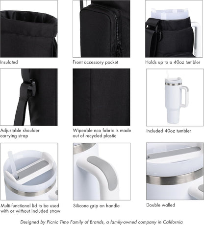 PICNIC TIME Eclipse Tumbler Tote with 40oz Stainless Travel Mug, Eco-Friendly Water Bottle Sling Bag, Crossbody Cup Holder with Phone Pocket & Strap, Recycled Fabric Drink Carrier & Tote (Black)