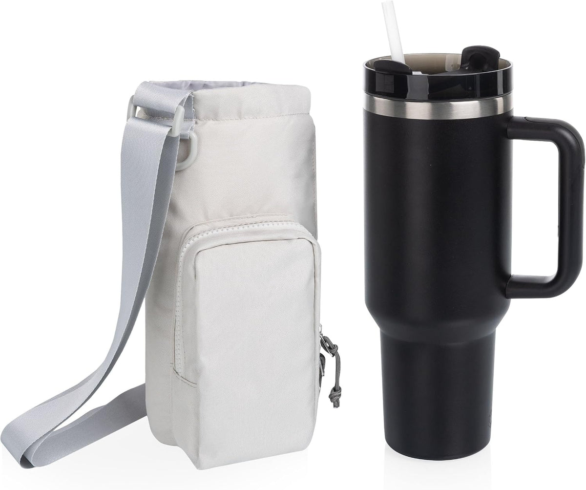 PICNIC TIME Eclipse Tumbler Tote with 40oz Stainless Travel Mug, Eco-Friendly Water Bottle Sling Bag, Crossbody Cup Holder with Phone Pocket & Strap, Recycled Fabric Drink Carrier & Tote (Black)