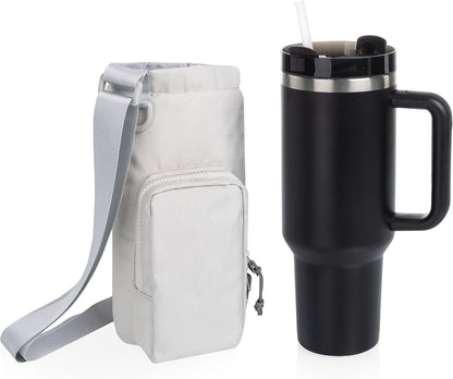 PICNIC TIME Eclipse Tumbler Tote with 40oz Stainless Travel Mug, Eco-Friendly Water Bottle Sling Bag, Crossbody Cup Holder with Phone Pocket & Strap, Recycled Fabric Drink Carrier & Tote (Black)
