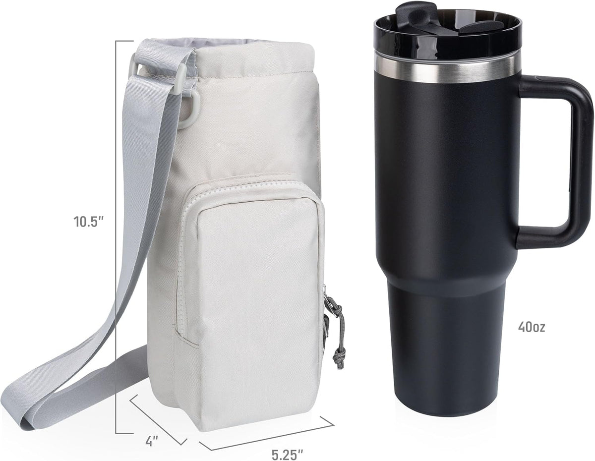 PICNIC TIME Eclipse Tumbler Tote with 40oz Stainless Travel Mug, Eco-Friendly Water Bottle Sling Bag, Crossbody Cup Holder with Phone Pocket & Strap, Recycled Fabric Drink Carrier & Tote (Black)