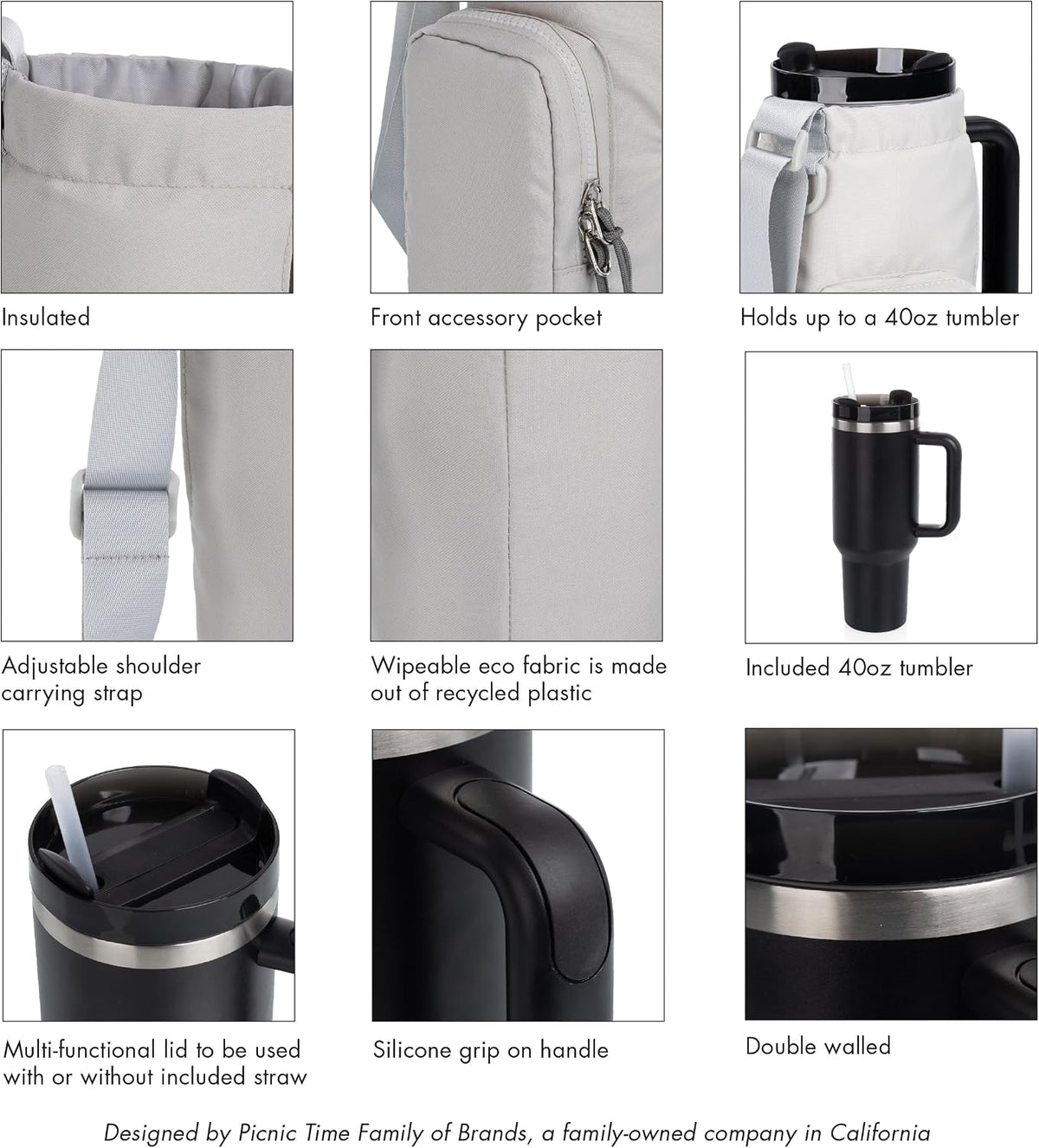 PICNIC TIME Eclipse Tumbler Tote with 40oz Stainless Travel Mug, Eco-Friendly Water Bottle Sling Bag, Crossbody Cup Holder with Phone Pocket & Strap, Recycled Fabric Drink Carrier & Tote (Black)