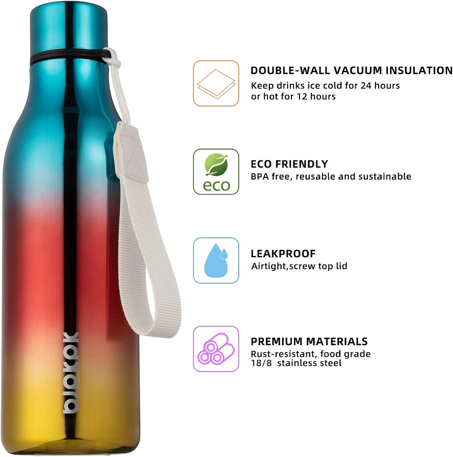 18oz Insulated Water Bottle, Stainless Steel Bottle with Carry Strap | Keep Cold & Hot Vacuum Insulation, Leak-Proof BPA-Free Design, Slim Bottle Fits Most Cup Holders for Gym, Office & Travel - Colors A