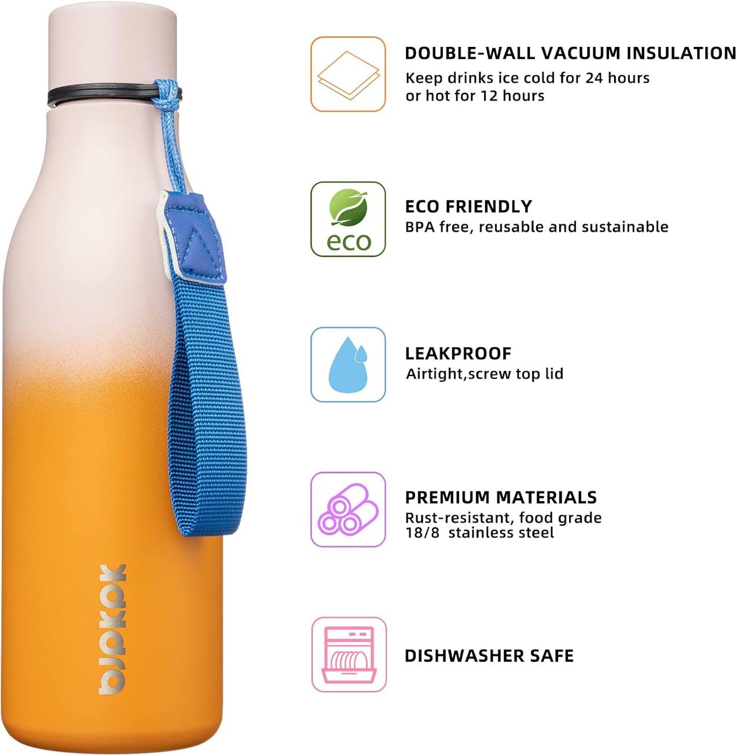 18oz Insulated Water Bottle, Stainless Steel Bottle with Carry Strap | Keep Cold & Hot Vacuum Insulation, Leak-Proof BPA-Free Design, Slim Bottle Fits Most Cup Holders for Gym, Office & Travel - Colors A