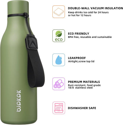 18oz Insulated Water Bottle, Stainless Steel Bottle with Carry Strap | Keep Cold & Hot Vacuum Insulation, Leak-Proof BPA-Free Design, Slim Bottle Fits Most Cup Holders for Gym, Office & Travel - Colors A