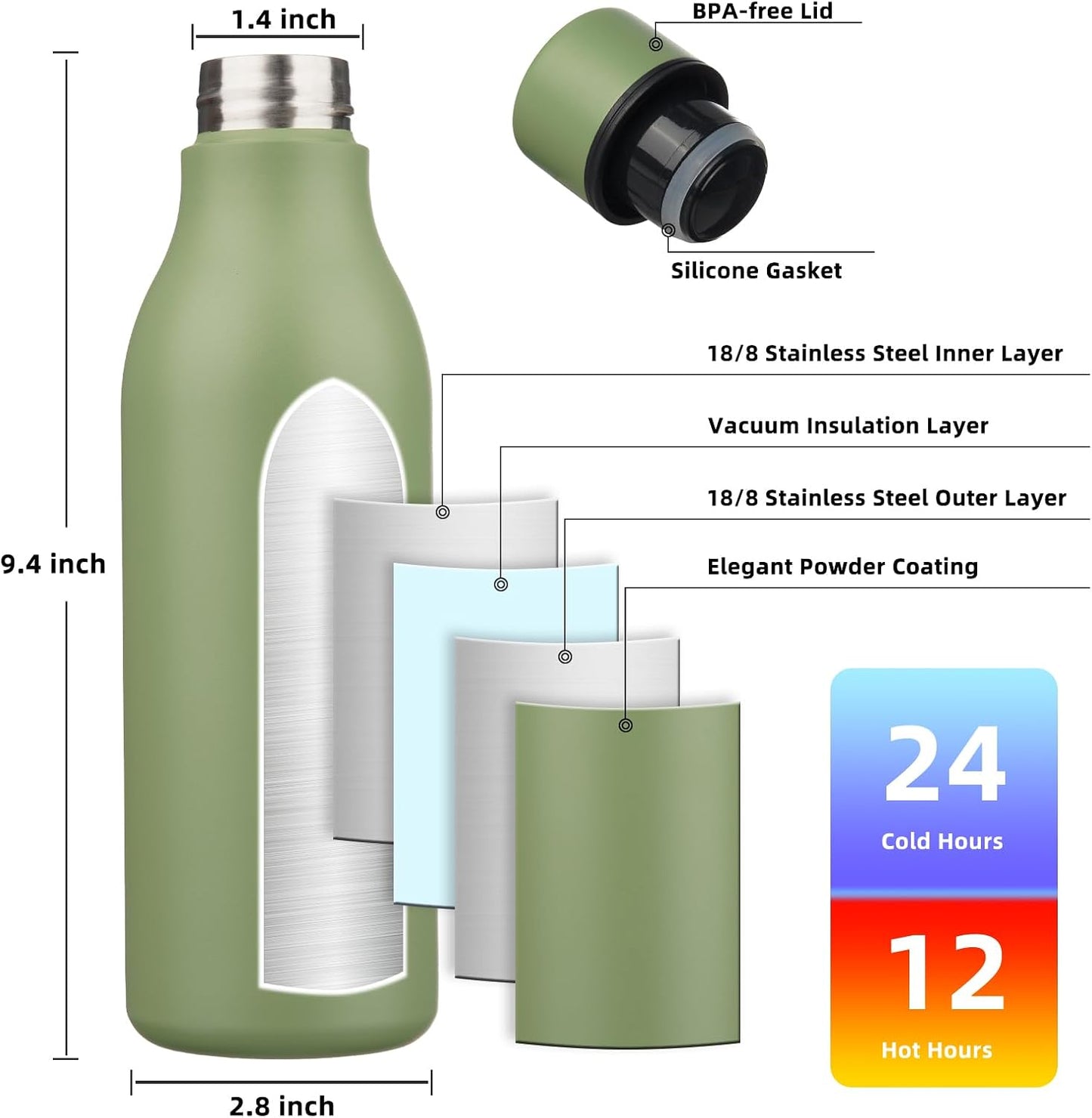 18oz Insulated Water Bottle, Stainless Steel Bottle with Carry Strap | Keep Cold & Hot Vacuum Insulation, Leak-Proof BPA-Free Design, Slim Bottle Fits Most Cup Holders for Gym, Office & Travel - Colors A