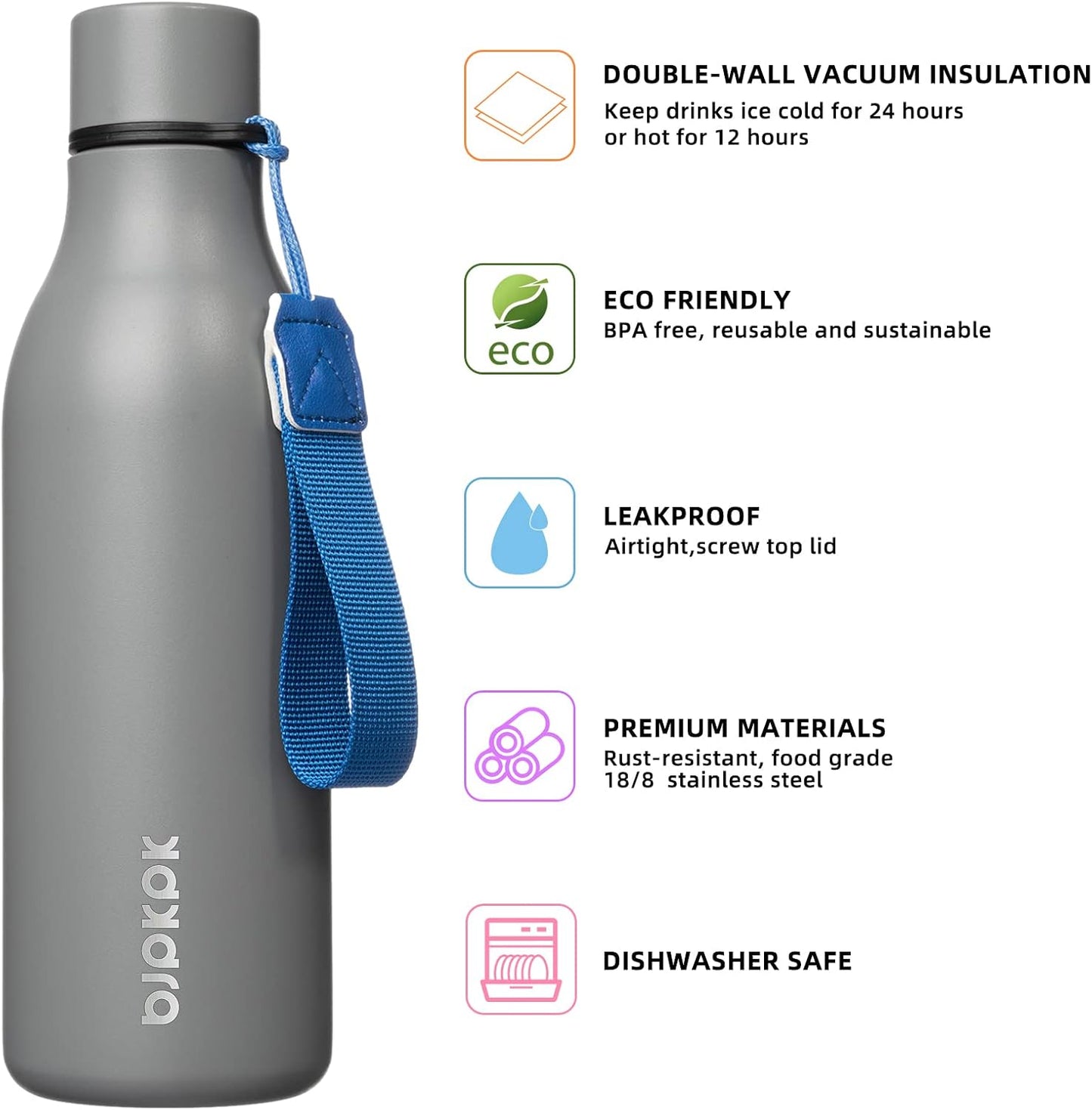 18oz Insulated Water Bottle, Stainless Steel Bottle with Carry Strap | Keep Cold & Hot Vacuum Insulation, Leak-Proof BPA-Free Design, Slim Bottle Fits Most Cup Holders for Gym, Office & Travel - Colors A