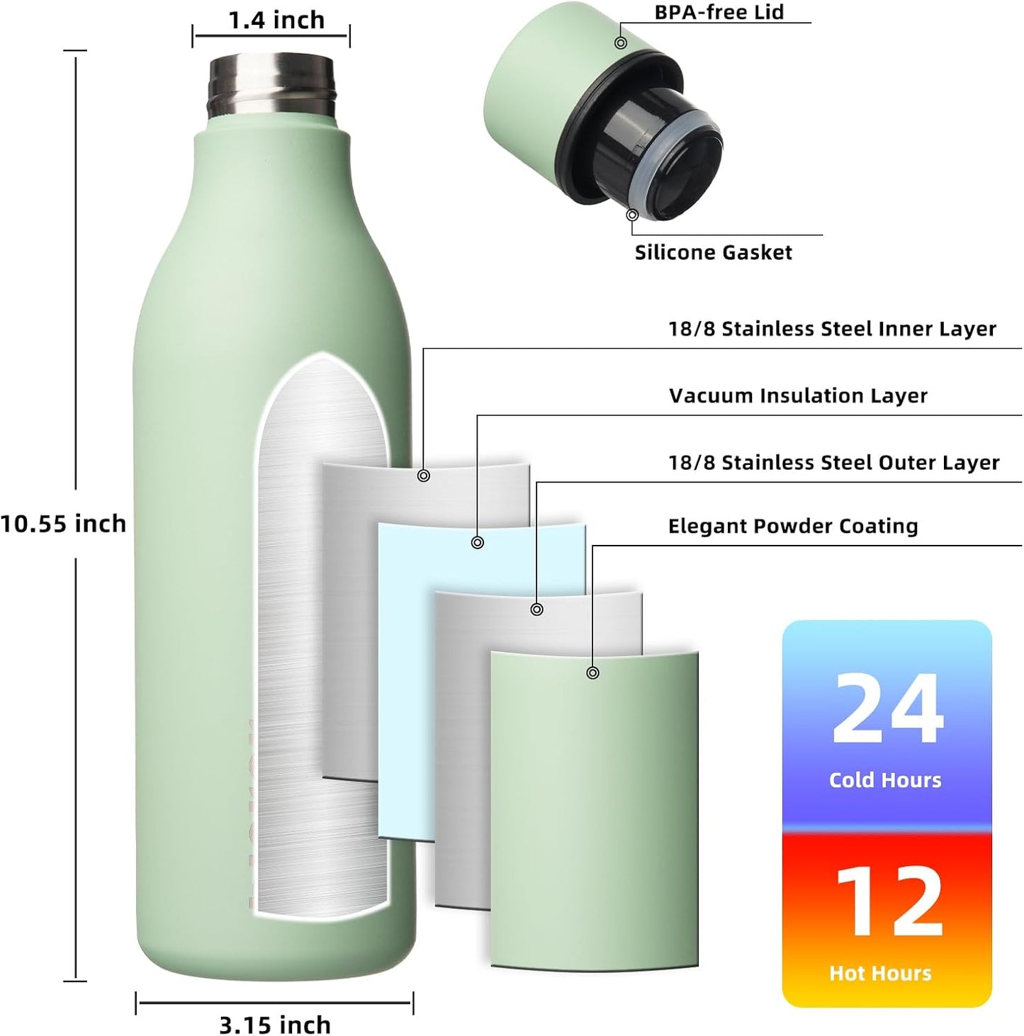 18oz Insulated Water Bottle, Stainless Steel Bottle with Carry Strap | Keep Cold & Hot Vacuum Insulation, Leak-Proof BPA-Free Design, Slim Bottle Fits Most Cup Holders for Gym, Office & Travel - Colors A