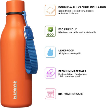 18oz Insulated Water Bottle, Stainless Steel Bottle with Carry Strap | Keep Cold & Hot Vacuum Insulation, Leak-Proof BPA-Free Design, Slim Bottle Fits Most Cup Holders for Gym, Office & Travel - Colors A