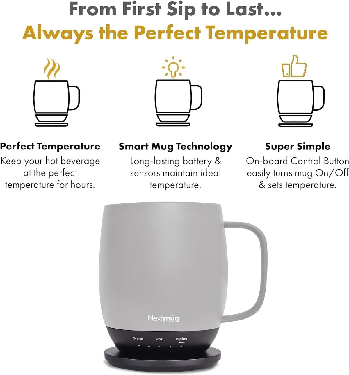 Nextmug - Temperature-Controlled, Self-Heating Coffee Mug | (Black - 14 oz.) – No App, Long-Lasting Battery for Work & Study, Great Gift for Coffee Lovers