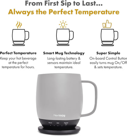 Nextmug - Temperature-Controlled, Self-Heating Coffee Mug | (Black - 14 oz.) – No App, Long-Lasting Battery for Work & Study, Great Gift for Coffee Lovers