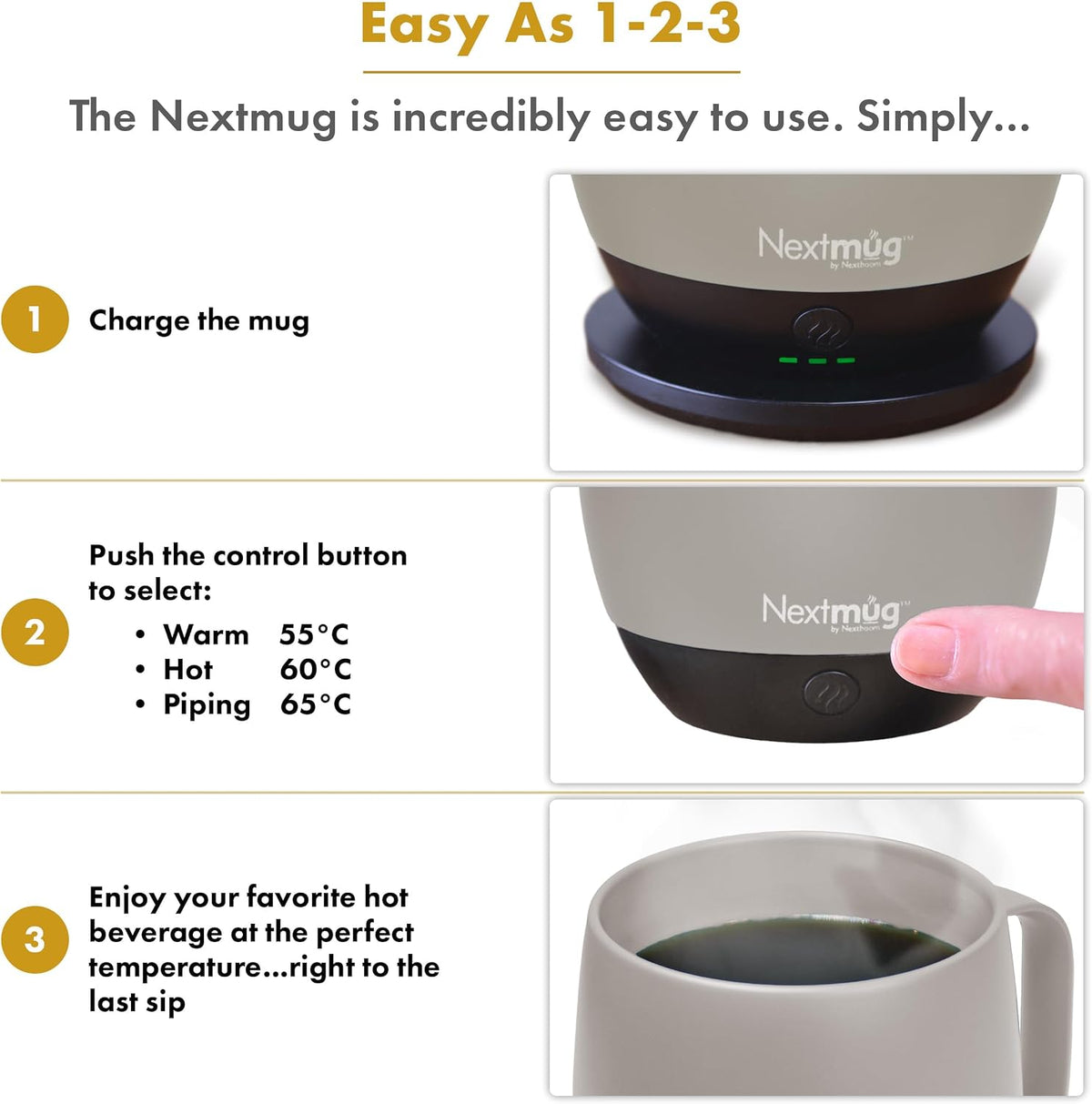 Nextmug - Temperature-Controlled, Self-Heating Coffee Mug | (Black - 14 oz.) – No App, Long-Lasting Battery for Work & Study, Great Gift for Coffee Lovers