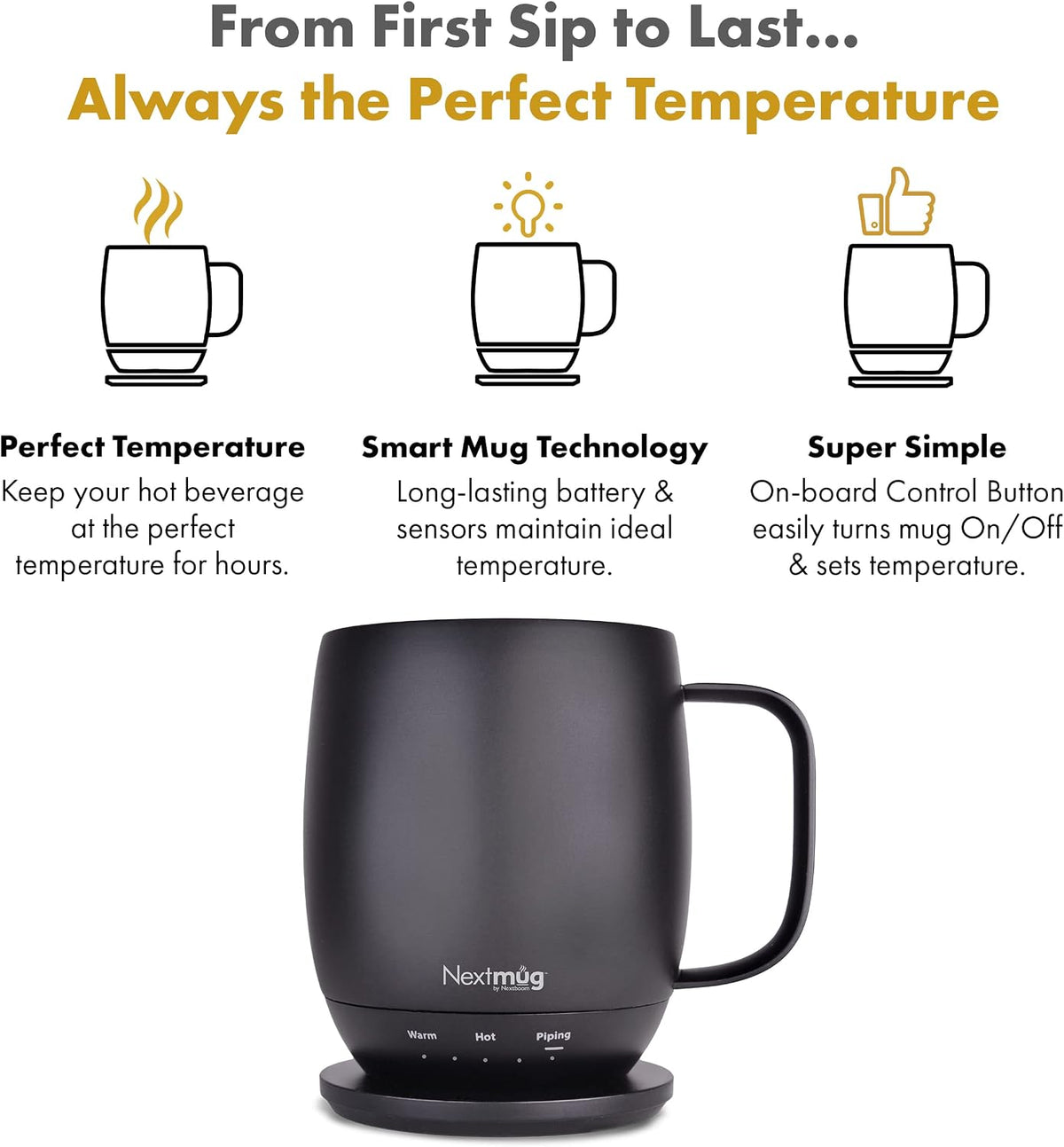 Nextmug - Temperature-Controlled, Self-Heating Coffee Mug | (Black - 14 oz.) – No App, Long-Lasting Battery for Work & Study, Great Gift for Coffee Lovers