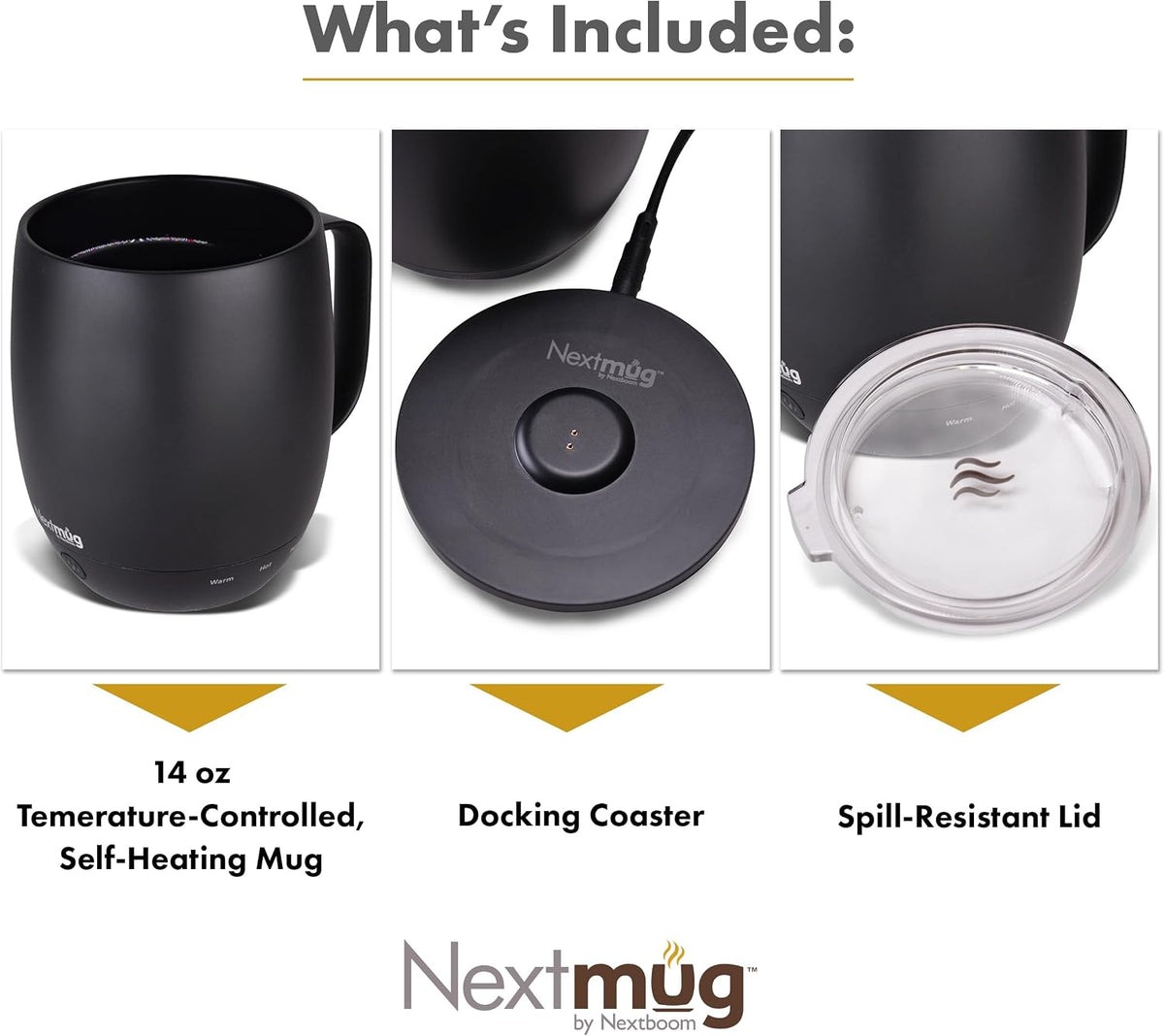 Nextmug - Temperature-Controlled, Self-Heating Coffee Mug | (Black - 14 oz.) – No App, Long-Lasting Battery for Work & Study, Great Gift for Coffee Lovers
