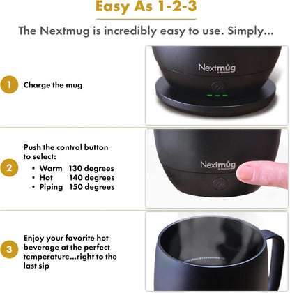 Nextmug - Temperature-Controlled, Self-Heating Coffee Mug | (Black - 14 oz.) – No App, Long-Lasting Battery for Work & Study, Great Gift for Coffee Lovers
