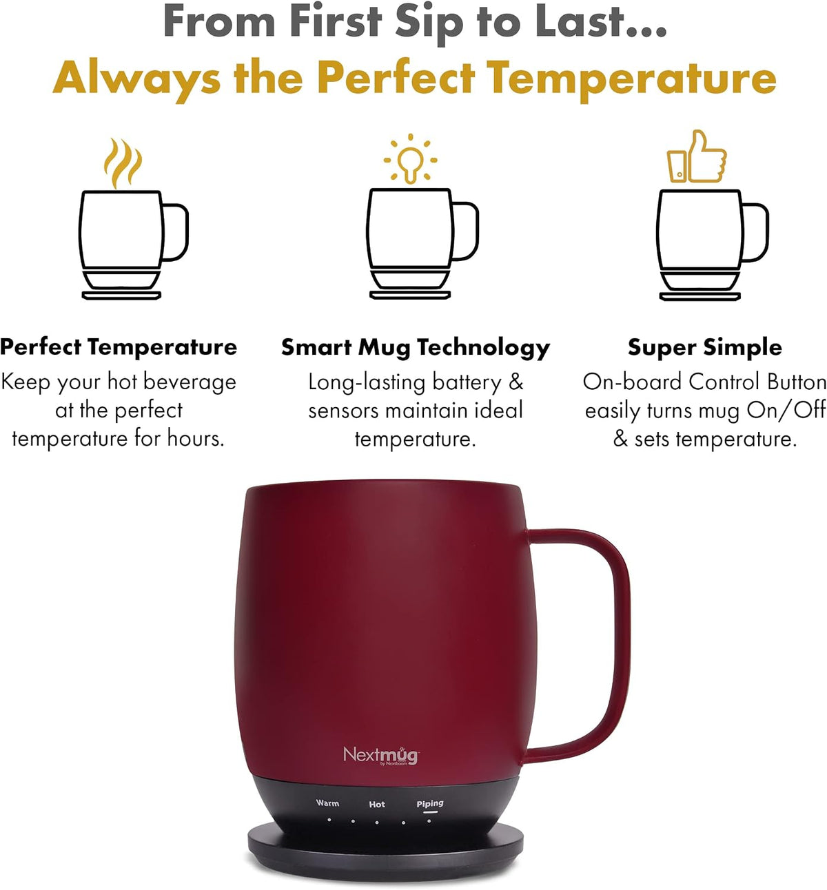 Nextmug - Temperature-Controlled, Self-Heating Coffee Mug | (Black - 14 oz.) – No App, Long-Lasting Battery for Work & Study, Great Gift for Coffee Lovers