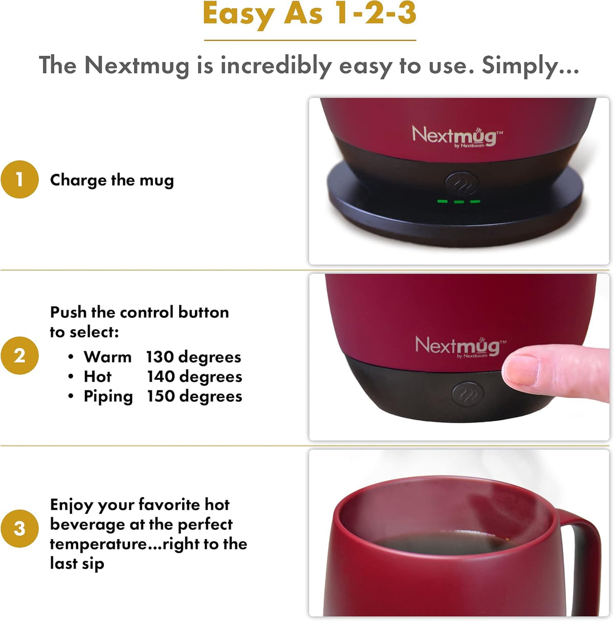 Nextmug - Temperature-Controlled, Self-Heating Coffee Mug | (Black - 14 oz.) – No App, Long-Lasting Battery for Work & Study, Great Gift for Coffee Lovers