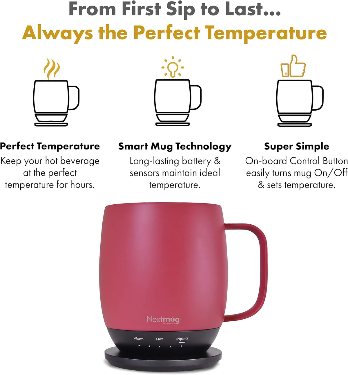 Nextmug - Temperature-Controlled, Self-Heating Coffee Mug | (Black - 14 oz.) – No App, Long-Lasting Battery for Work & Study, Great Gift for Coffee Lovers