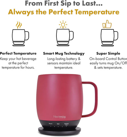 Nextmug - Temperature-Controlled, Self-Heating Coffee Mug | (Black - 14 oz.) – No App, Long-Lasting Battery for Work & Study, Great Gift for Coffee Lovers